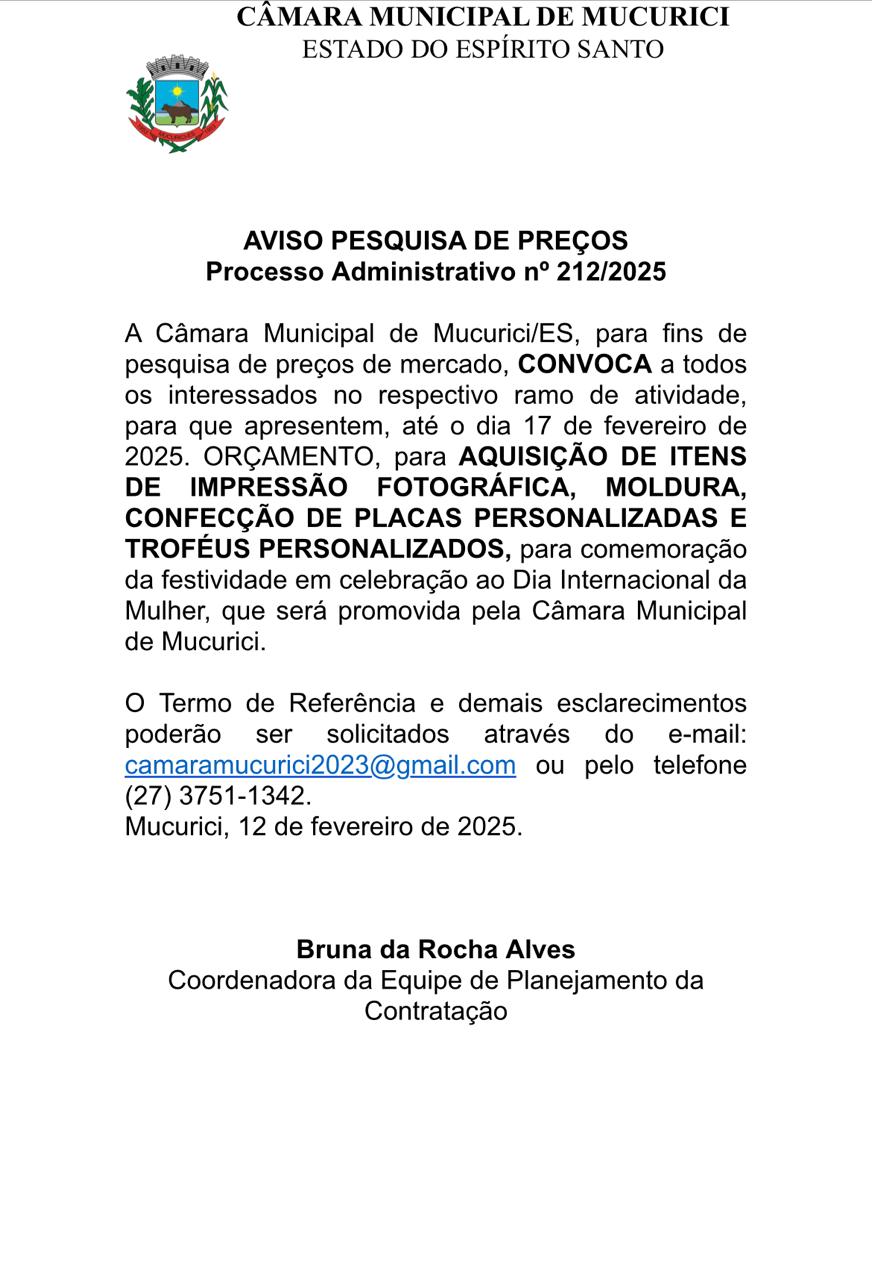 AVISO PESQUISA DE PREÇOS Processo Administrativo nº 212/2025