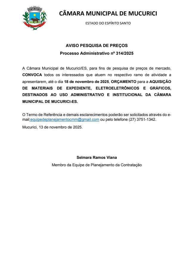 AVISO PESQUISA DE PREÇOS Processo Administrativo nº 314/2025