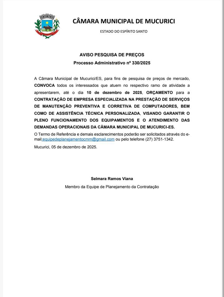 AVISO PESQUISA DE PREÇOS Processo Administrativo nº 330/2025