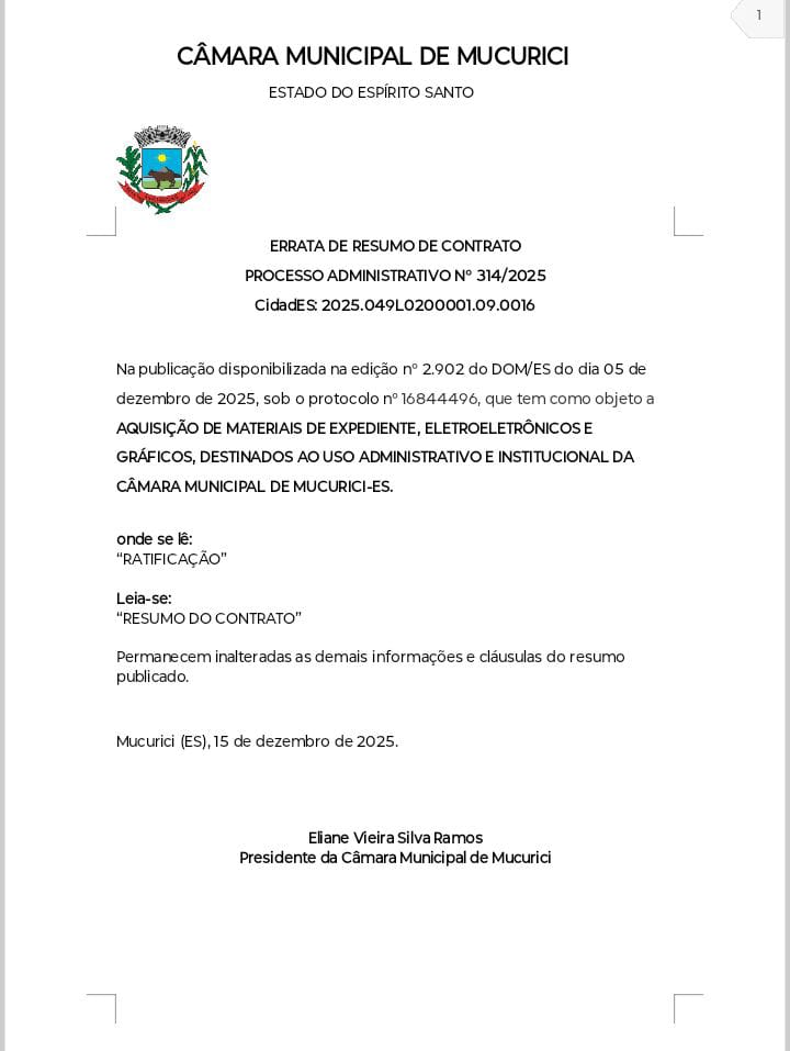 ERRATA DE RESUMO DE CONTRATO PROCESSO ADMINISTRATIVO N° 314/2025