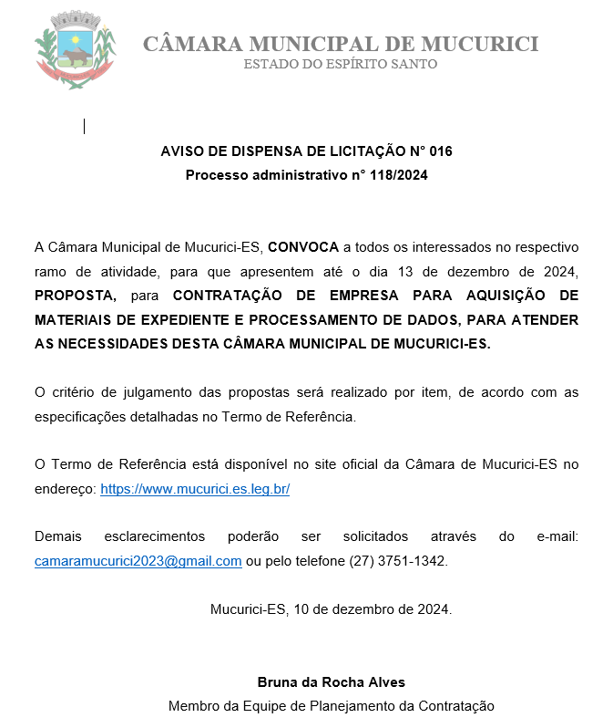 Processo administrativo n° 118/2024 - AVISO DE DISPENSA DE LICITAÇÃO N° 016
