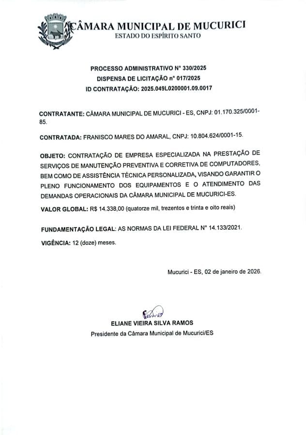 PROCESSO ADMINISTRATIVO N° 330/2025 DISPENSA DE LICITAÇÃO n° 017/2025