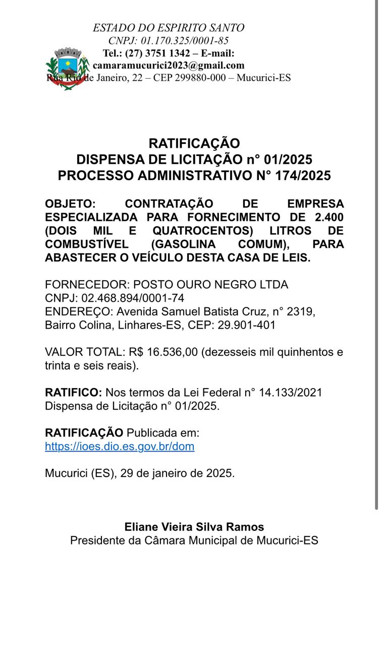 RATIFICAÇÃO  DISPENSA DE LICITAÇÃO n° 01/2025 PROCESSO ADMINISTRATIVO N° 174/2025