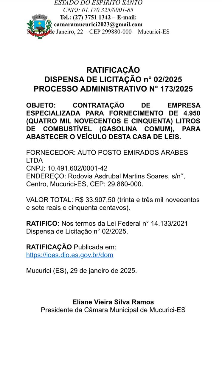 RATIFICAÇÃO  DISPENSA DE LICITAÇÃO n° 02/2025 PROCESSO ADMINISTRATIVO N° 173/2025