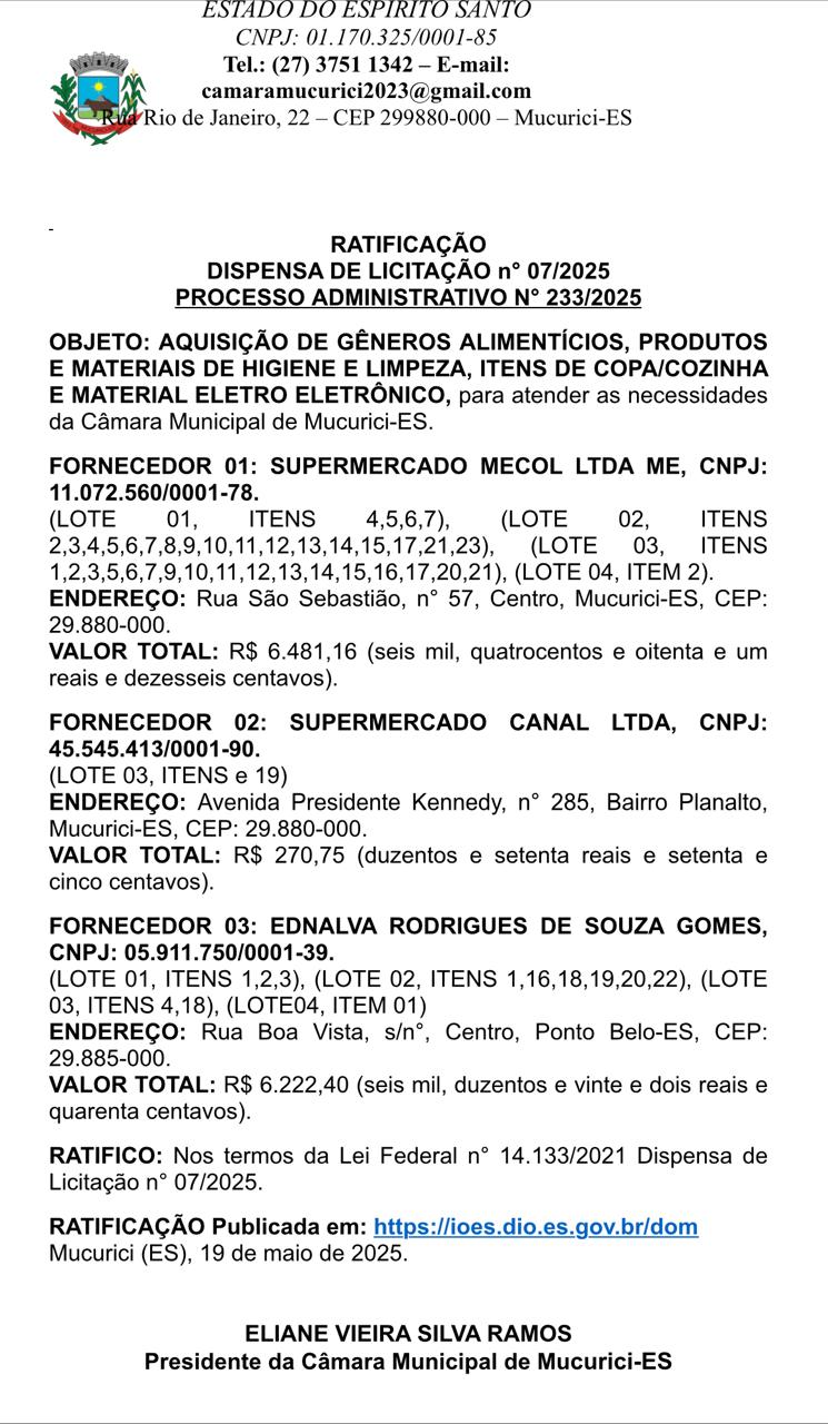 RATIFICAÇÃO  DISPENSA DE LICITAÇÃO n° 07/2025 PROCESSO ADMINISTRATIVO N° 233/2025