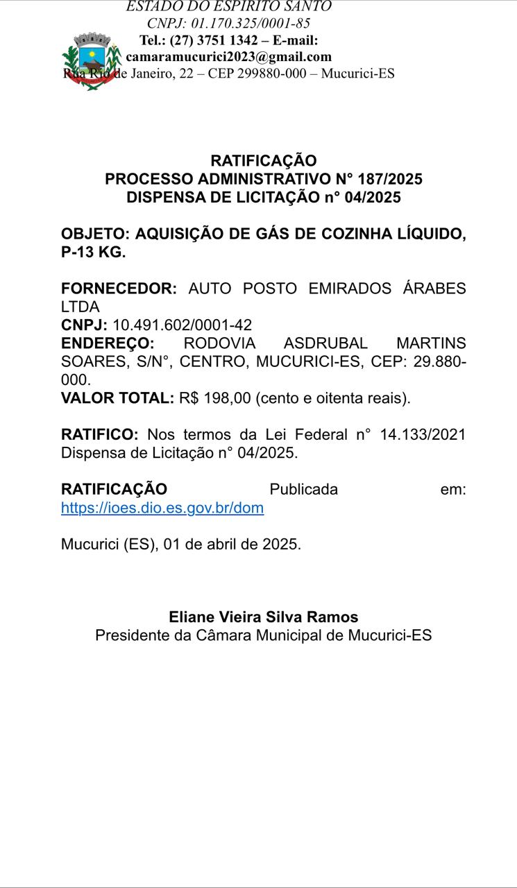 RATIFICAÇÃO  PROCESSO ADMINISTRATIVO N° 187/2025 DISPENSA DE LICITAÇÃO n° 04/2025