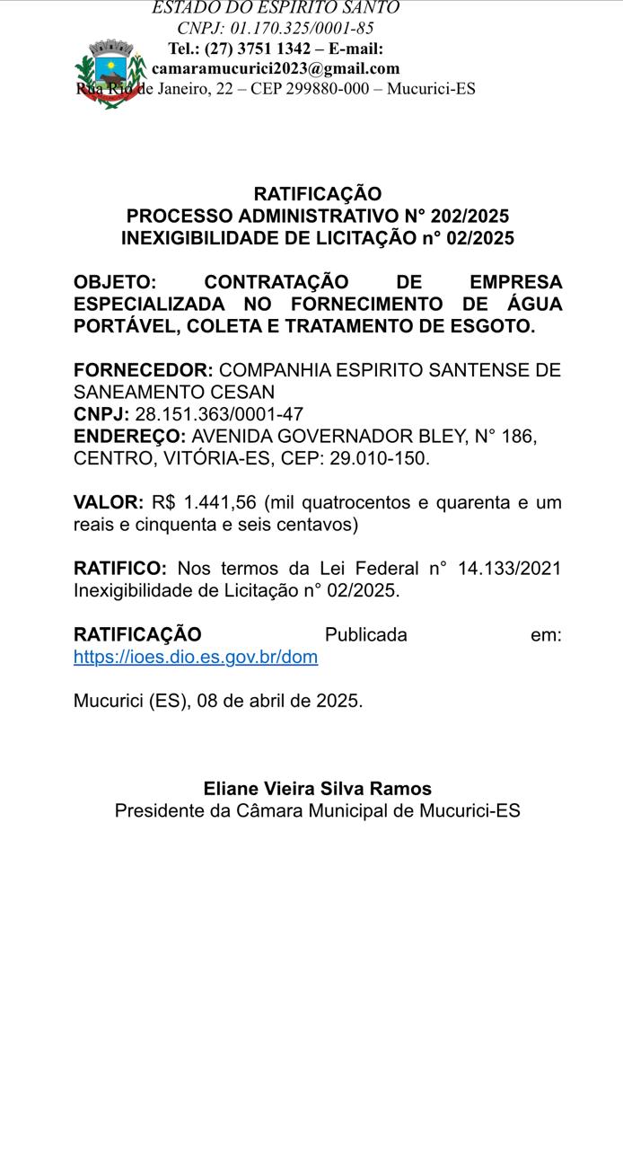 RATIFICAÇÃO  PROCESSO ADMINISTRATIVO N° 202/2025 INEXIGIBILIDADE DE LICITAÇÃO n° 02/2025