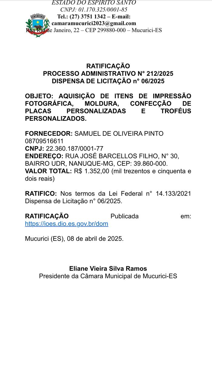 RATIFICAÇÃO  PROCESSO ADMINISTRATIVO N° 212/2025 DISPENSA DE LICITAÇÃO n° 06/2025
