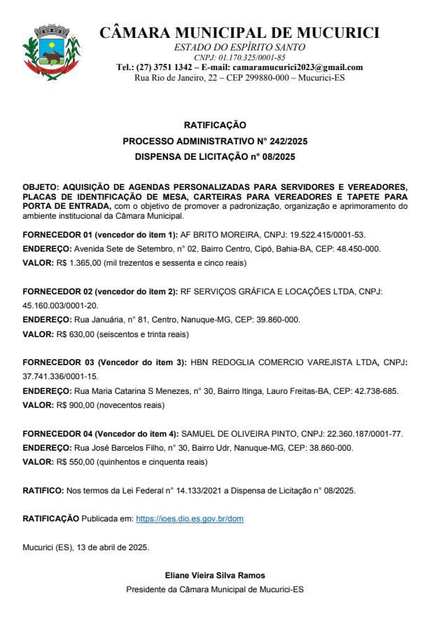 RATIFICAÇÃO  PROCESSO ADMINISTRATIVO N° 242/2025 DISPENSA DE LICITAÇÃO n° 08/2025
