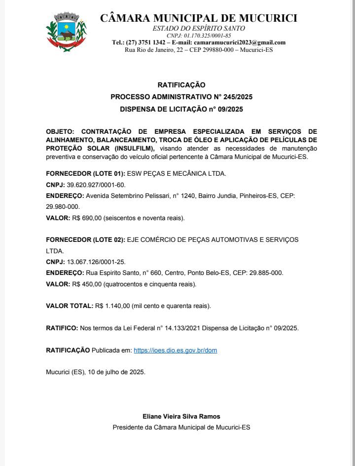 RATIFICAÇÃO  PROCESSO ADMINISTRATIVO N° 245/2025 DISPENSA DE LICITAÇÃO n° 09/2025