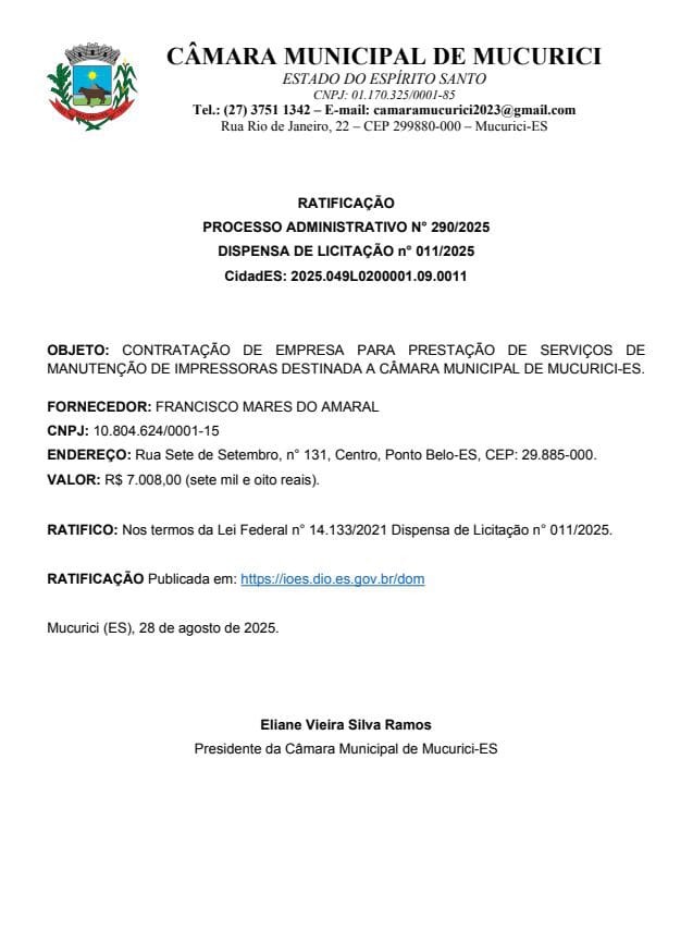  RATIFICAÇÃO  PROCESSO ADMINISTRATIVO N° 290/2025 DISPENSA DE LICITAÇÃO n° 011/2025