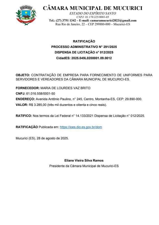  RATIFICAÇÃO  PROCESSO ADMINISTRATIVO N° 291/2025 DISPENSA DE LICITAÇÃO n° 012/2025