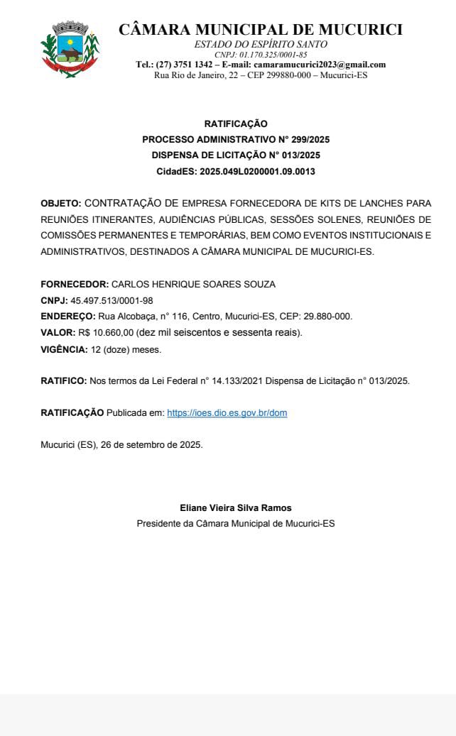  RATIFICAÇÃO  PROCESSO ADMINISTRATIVO N° 299/2025 DISPENSA DE LICITAÇÃO N° 013/2025