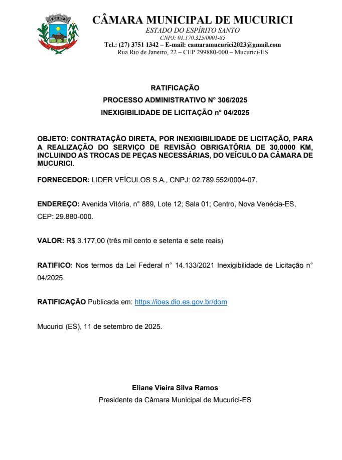 RATIFICAÇÃO  PROCESSO ADMINISTRATIVO N° 306/2025 INEXIGIBILIDADE DE LICITAÇÃO n° 04/2025