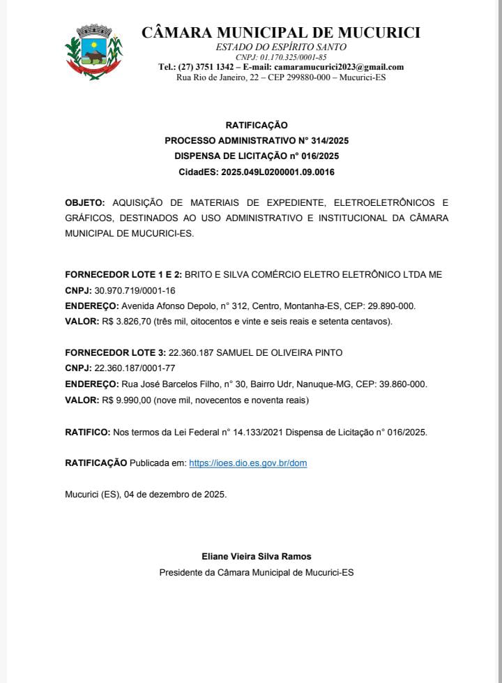 RATIFICAÇÃO  PROCESSO ADMINISTRATIVO N° 314/2025 DISPENSA DE LICITAÇÃO n° 016/2025