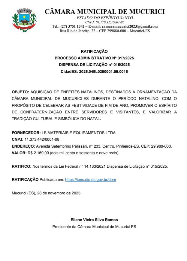 RATIFICAÇÃO  PROCESSO ADMINISTRATIVO N° 317/2025 DISPENSA DE LICITAÇÃO n° 015/2025 CidadES: 2025.049L0200001.09.0015