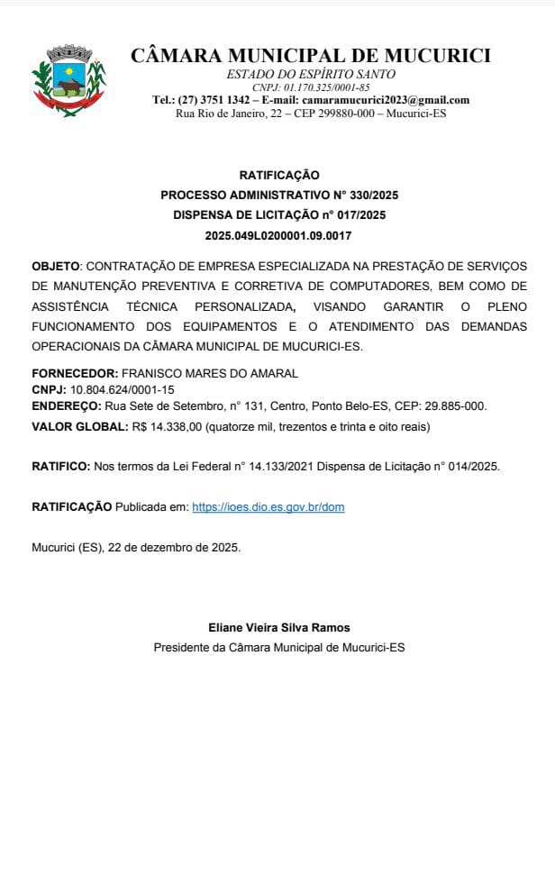 RATIFICAÇÃO  PROCESSO ADMINISTRATIVO N° 330/2025 DISPENSA DE LICITAÇÃO n° 017/2025
