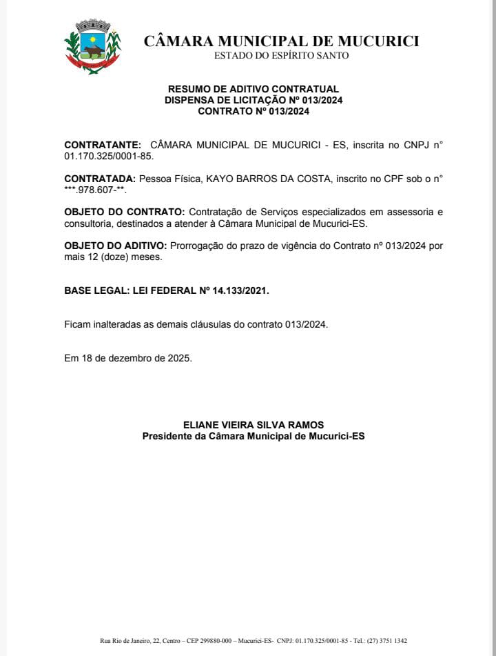 RESUMO DE ADITIVO CONTRATUAL DISPENSA DE LICITAÇÃO Nº 013/2024