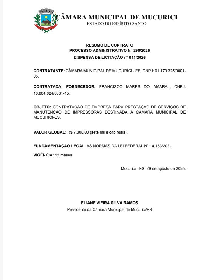  RESUMO DE CONTRATO  PROCESSO ADMINISTRATIVO N° 290/2025 DISPENSA DE LICITAÇÃO n° 011/2025