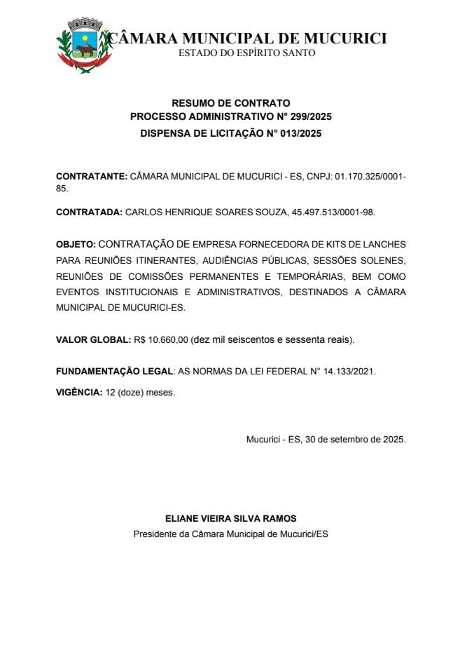 RESUMO DE CONTRATO  PROCESSO ADMINISTRATIVO N° 299/2025 DISPENSA DE LICITAÇÃO N° 013/2025