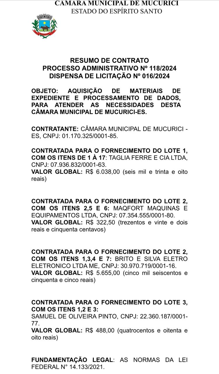  RESUMO DE CONTRATO PROCESSO ADMINISTRATIVO Nº 118/2024 DISPENSA DE LICITAÇÃO Nº 016/2024