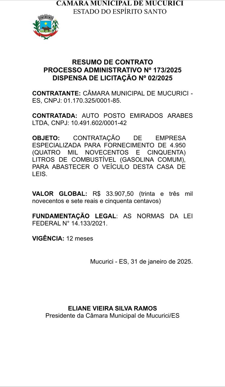 RESUMO DE CONTRATO PROCESSO ADMINISTRATIVO Nº 173/2025 DISPENSA DE LICITAÇÃO Nº 02/2025