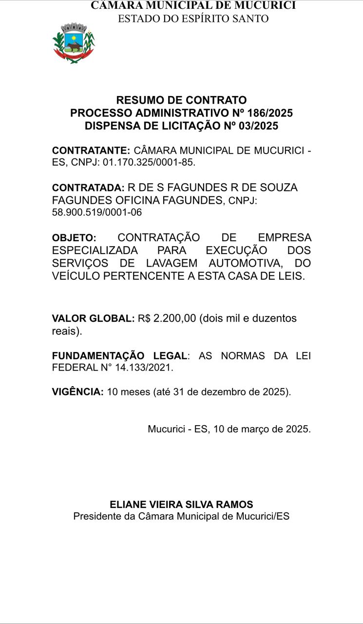 RESUMO DE CONTRATO PROCESSO ADMINISTRATIVO Nº 186/2025 DISPENSA DE LICITAÇÃO Nº 03/2025