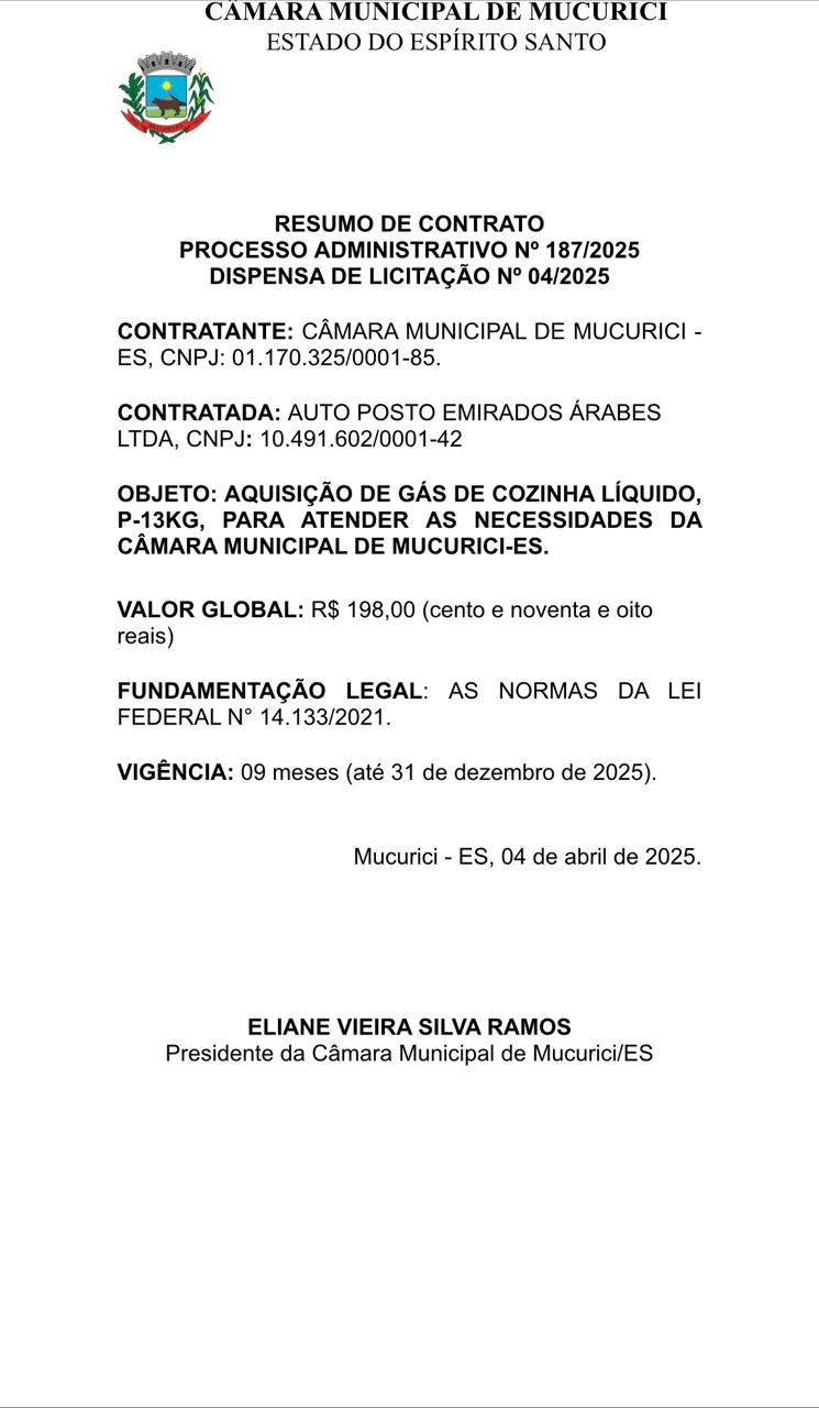  RESUMO DE CONTRATO PROCESSO ADMINISTRATIVO Nº 187/2025 DISPENSA DE LICITAÇÃO Nº 04/2025