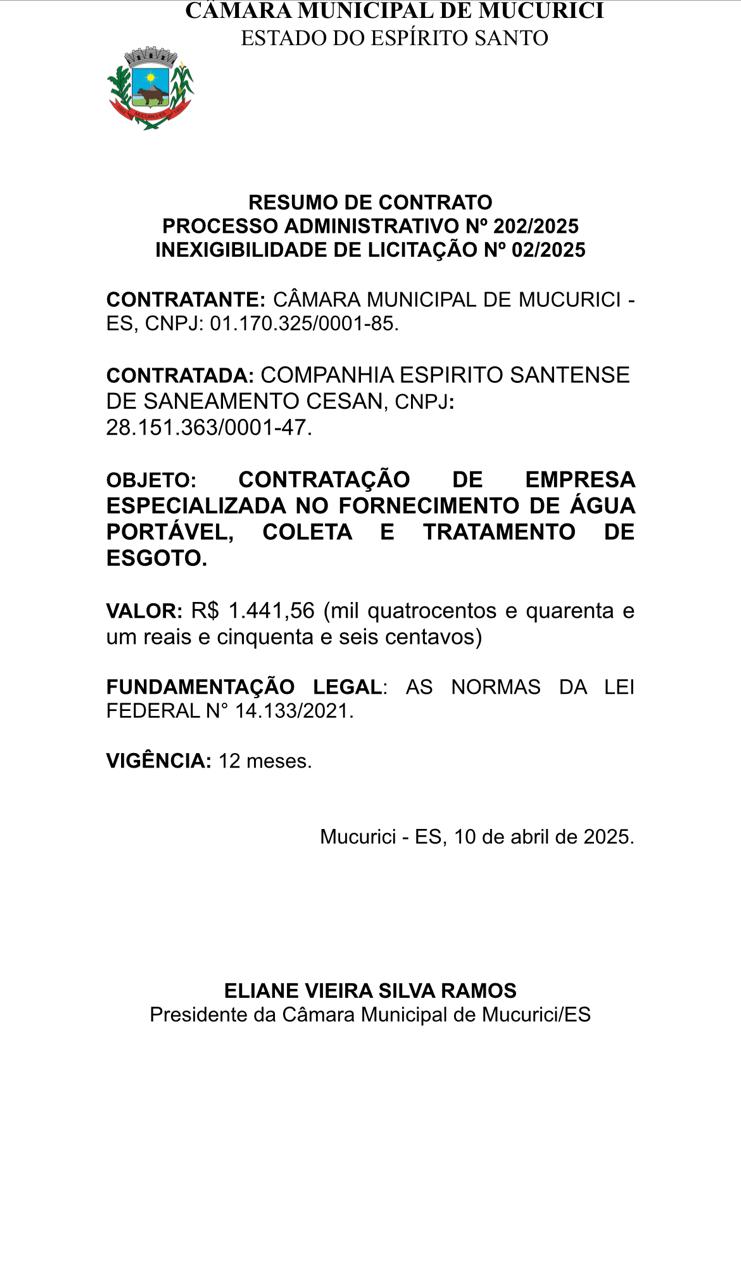 RESUMO DE CONTRATO PROCESSO ADMINISTRATIVO Nº 202/2025 INEXIGIBILIDADE DE LICITAÇÃO Nº 02/2025