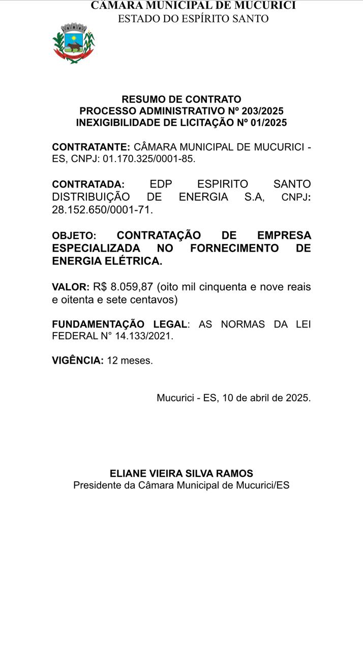  RESUMO DE CONTRATO PROCESSO ADMINISTRATIVO Nº 203/2025 INEXIGIBILIDADE DE LICITAÇÃO Nº 01/2025