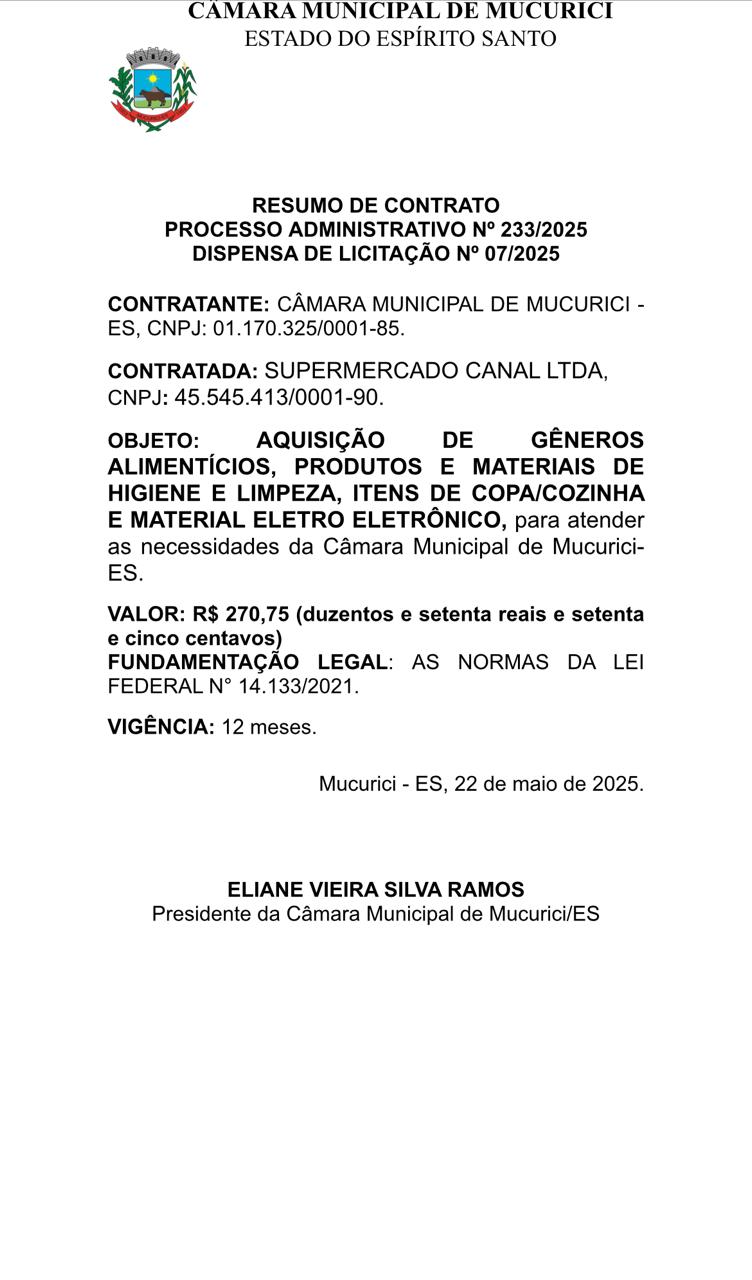  RESUMO DE CONTRATO PROCESSO ADMINISTRATIVO Nº 233/2025 DISPENSA DE LICITAÇÃO Nº 07/2025