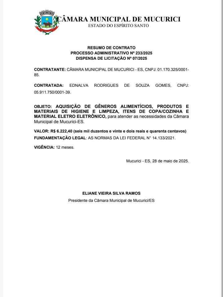 RESUMO DE CONTRATO PROCESSO ADMINISTRATIVO Nº 233/2025 DISPENSA DE LICITAÇÃO Nº 07/2025
