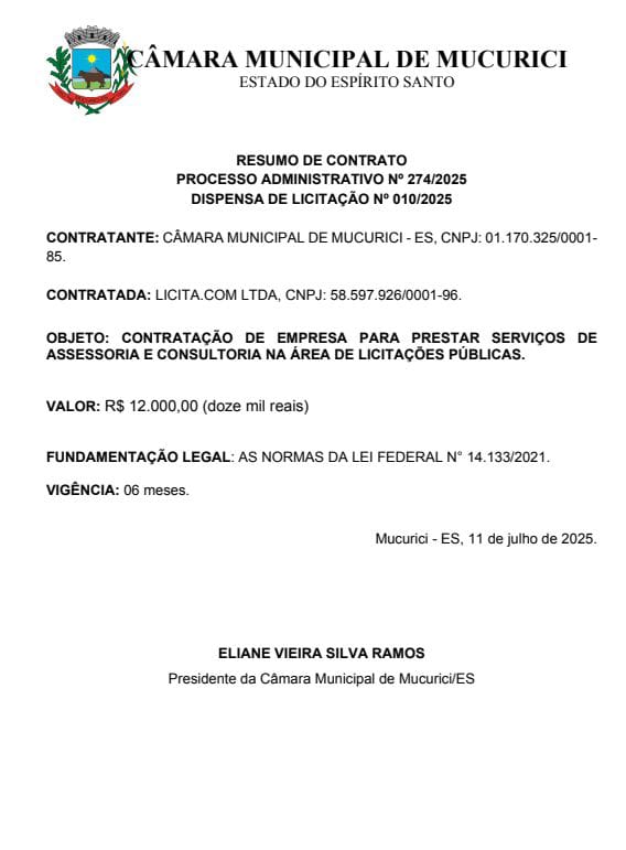 RESUMO DE CONTRATO PROCESSO ADMINISTRATIVO Nº 274/2025 DISPENSA DE LICITAÇÃO Nº 010/2025