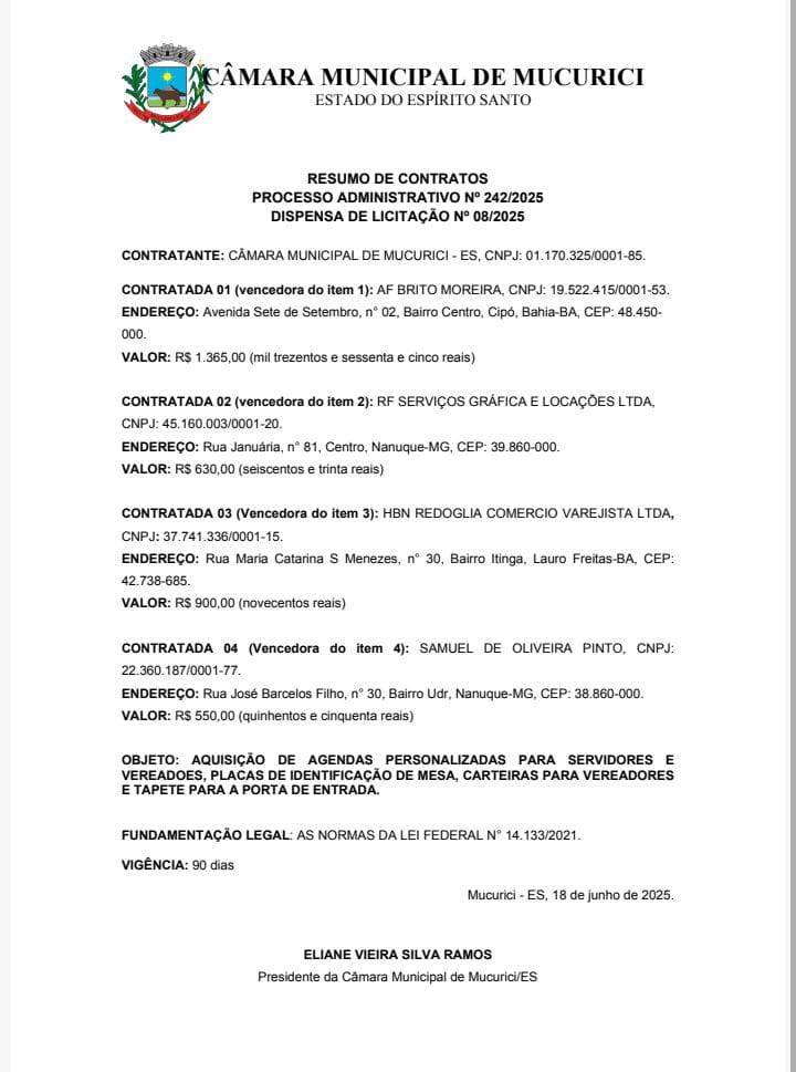  RESUMO DE CONTRATOS PROCESSO ADMINISTRATIVO Nº 242/2025 DISPENSA DE LICITAÇÃO Nº 08/2025
